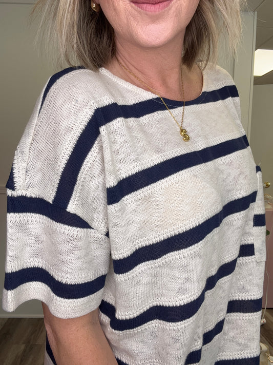 taupe navy striped oversized shirt top short sleeve by together