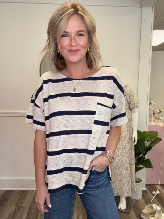 This is the Day Navy Striped Oversized Top