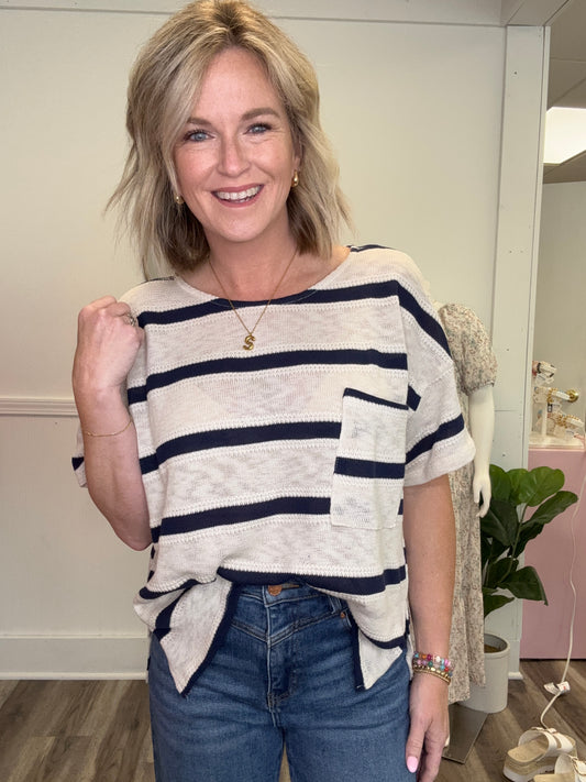 This is the Day Navy Striped Oversized Top