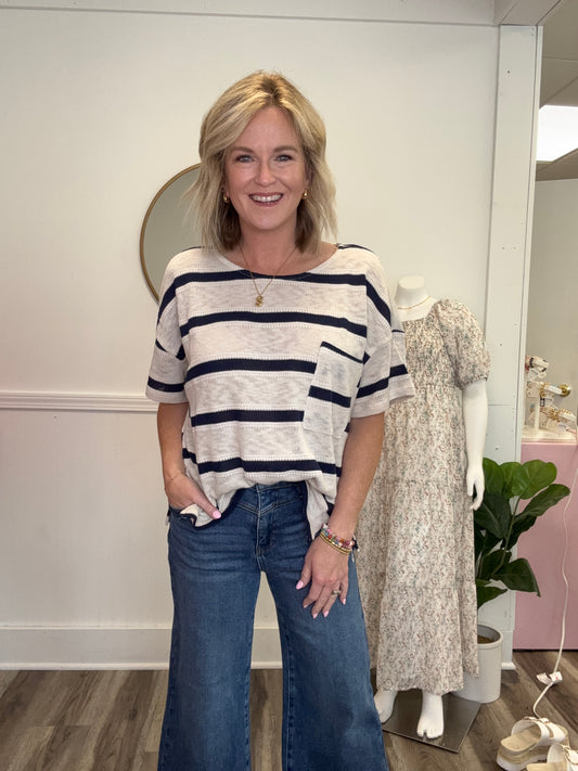 taupe navy striped oversized shirt top short sleeve by together