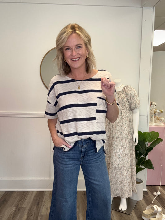 taupe navy striped oversized shirt top short sleeve by together