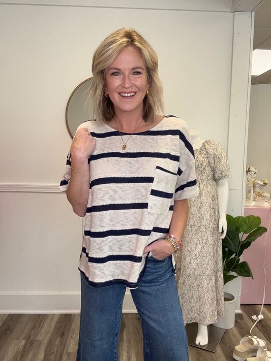 taupe navy striped oversized shirt top short sleeve by together