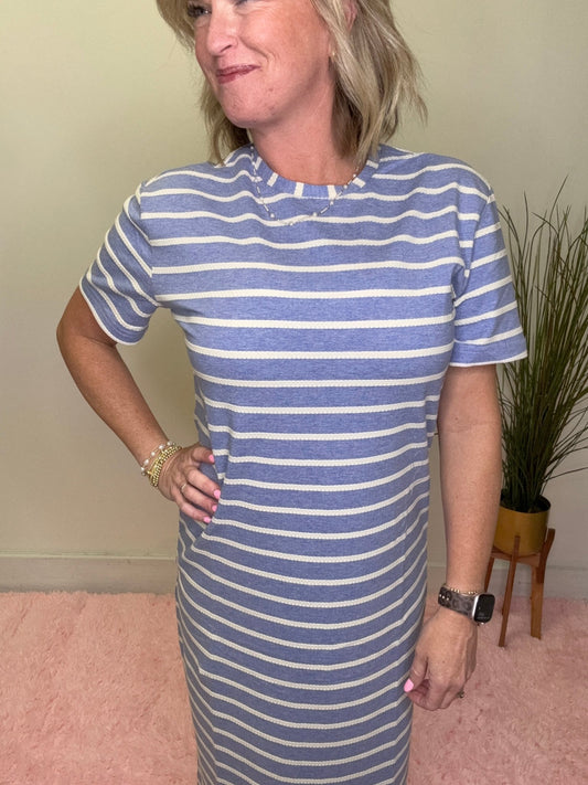The Jett Midi Dress in Blue Stripe 150 Dresses & Jumpsuits - Ella Chic BoutiqueMikarose