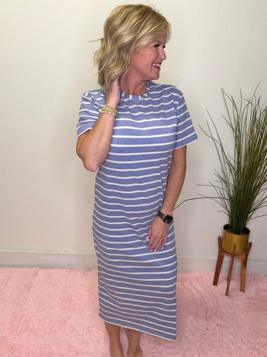 The Jett Midi Dress in Blue Stripe 150 Dresses & Jumpsuits - Ella Chic BoutiqueMikarose