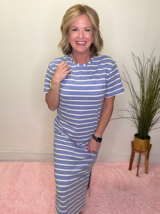 The Jett Midi Dress in Blue Stripe 150 Dresses & Jumpsuits - Ella Chic BoutiqueMikarose