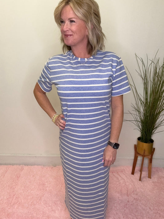 The Jett Midi Dress in Blue Stripe 150 Dresses & Jumpsuits - Ella Chic BoutiqueMikarose