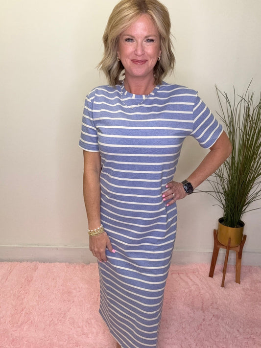 The Jett Midi Dress in Blue Stripe 150 Dresses & Jumpsuits - Ella Chic BoutiqueMikarose