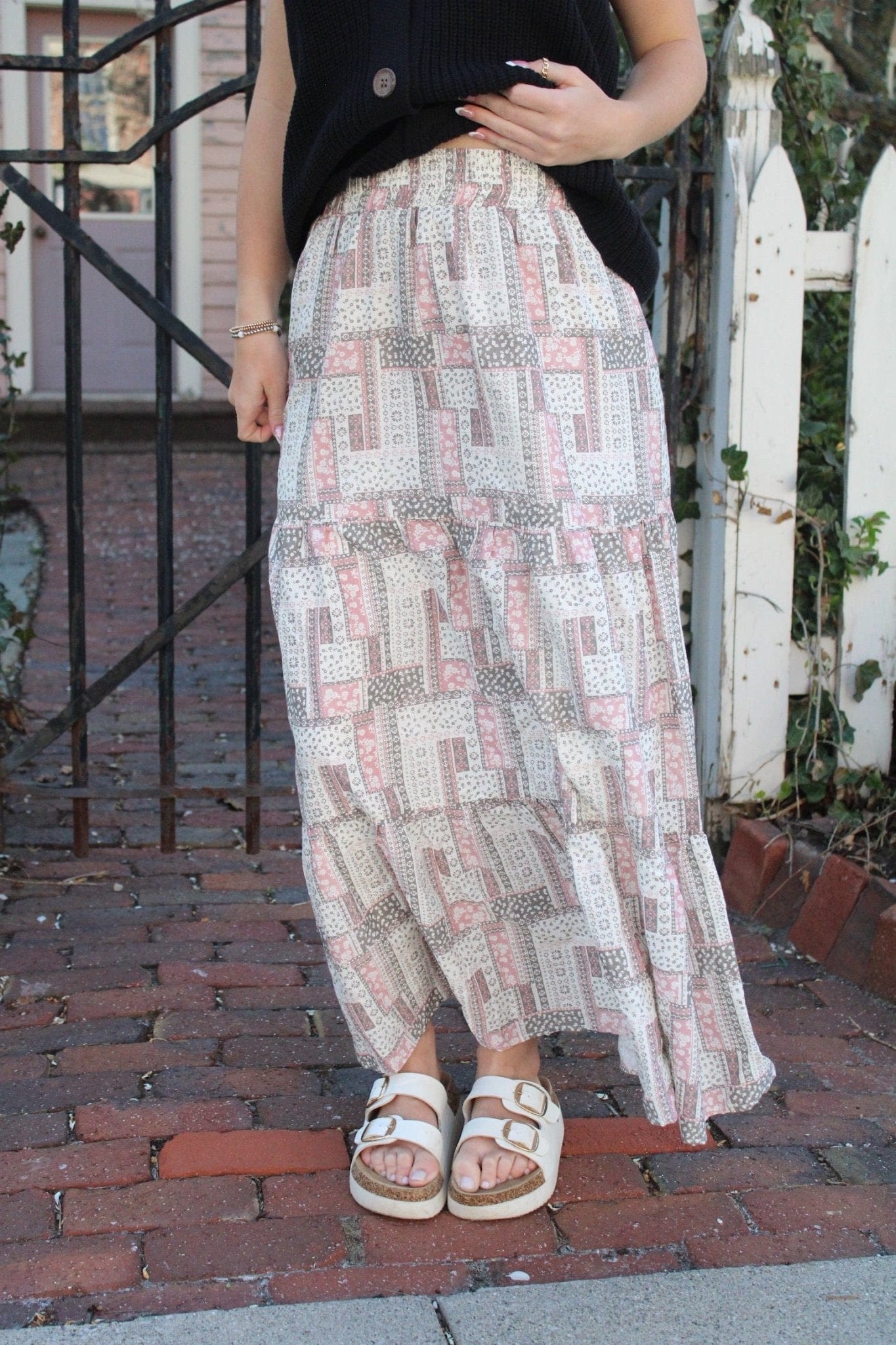 Patchwork Maxi Skirt - Boho Hippie Style, Smocked Waist, Rayon, Long Flared Tiered Skirt