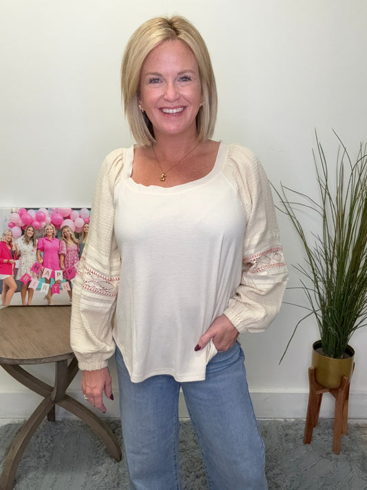  together cream ivory flowy top with lace and ribbon trim detail boat neck shirt blouse