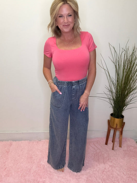 Washed Chambray Elastic Waist Wide Leg Pants