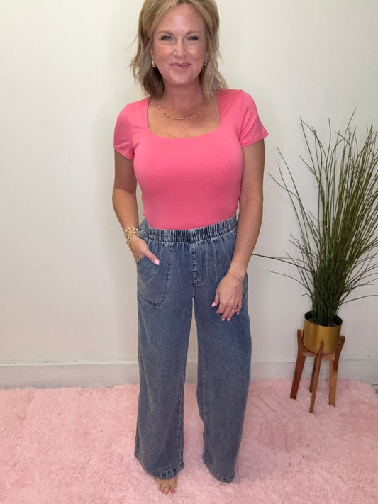 Washed Chambray Elastic Waist Wide Leg Pants