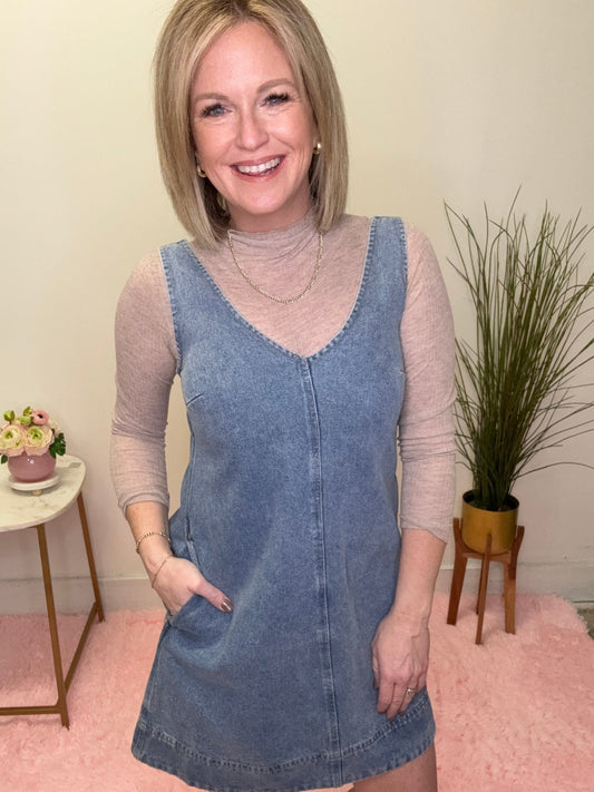 Washed Denim Sleeveless V-Neck Mini Dress