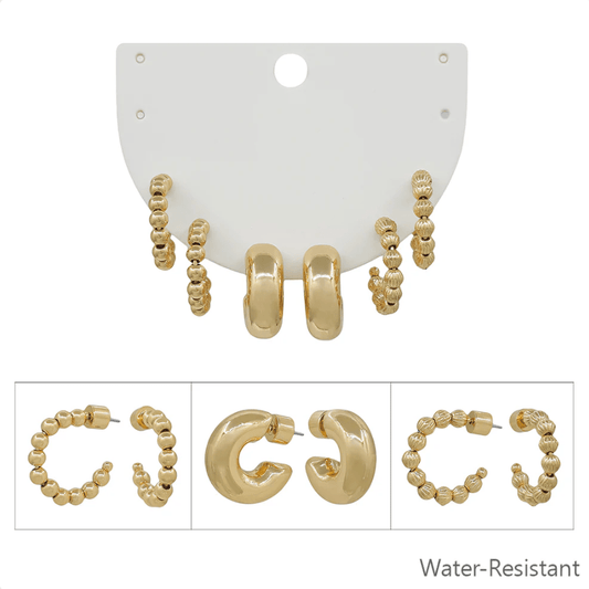 Water Resistant Set of Three Gold Beaded Huggie Hoop Earrings