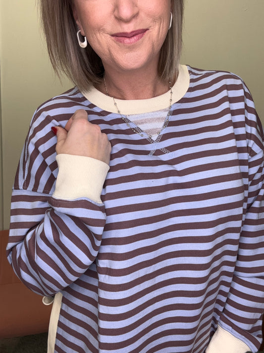 white birch striped pullover sweatshirt top side slit hem