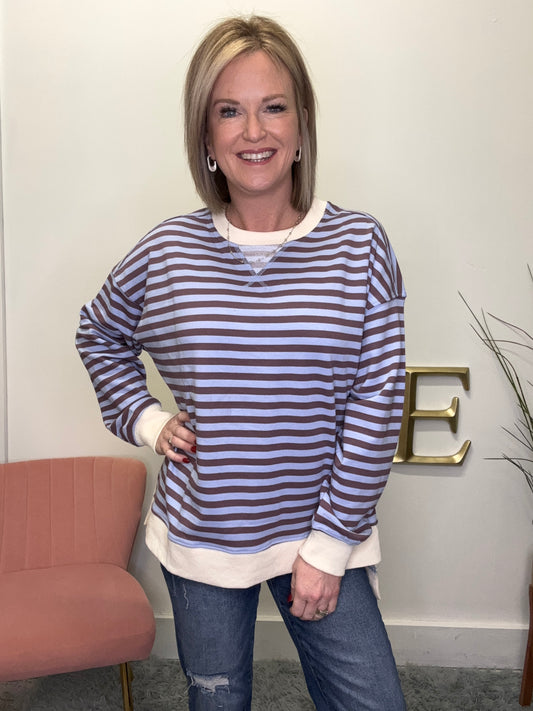 white birch striped pullover sweatshirt top side slit hem
