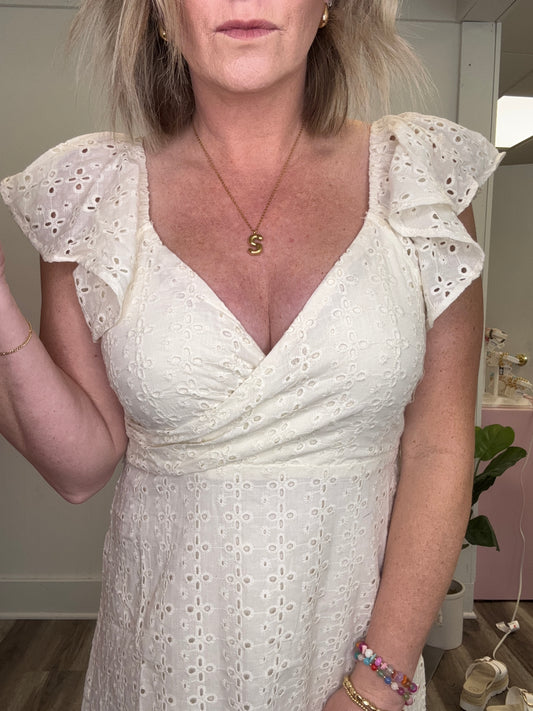 Wrap Front Flutter Sleeve Eyelet Dress in Ivory
