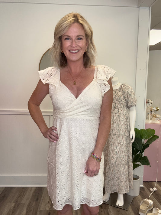 wrap front eyelet fabric ruffle sleeve ivory dress mystree